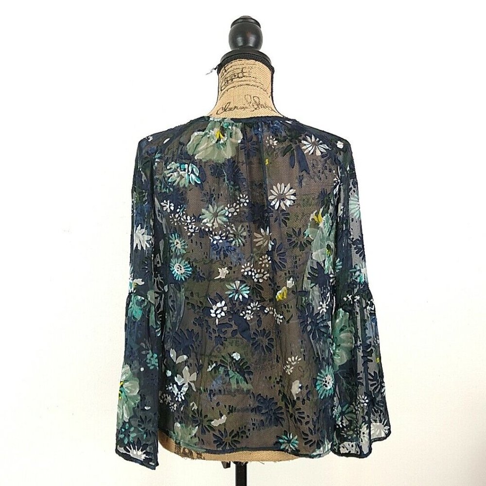 Loft Womens sz XS Top Blouse Blue Floral Sheer Button Keyhole Long Bell Sleeve - Picture 4 of 8